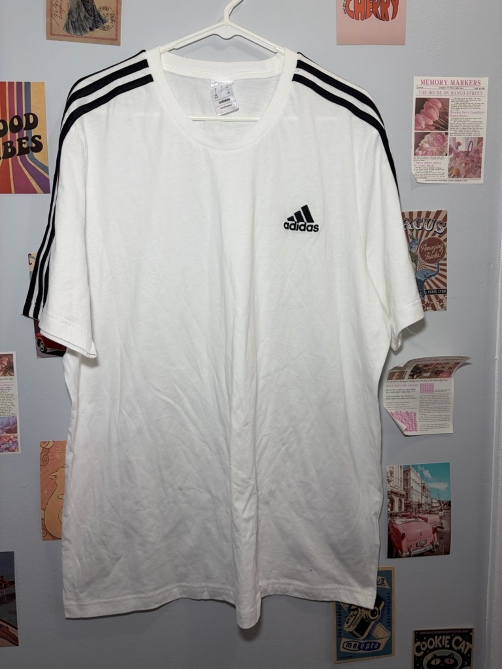 adidas White Short Sleeve Tee with Black Shoulder Stripes